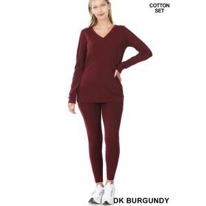 Zenana Womens Cotton V-Neck Top and Leggings Set-Dk Burgundy (Small)